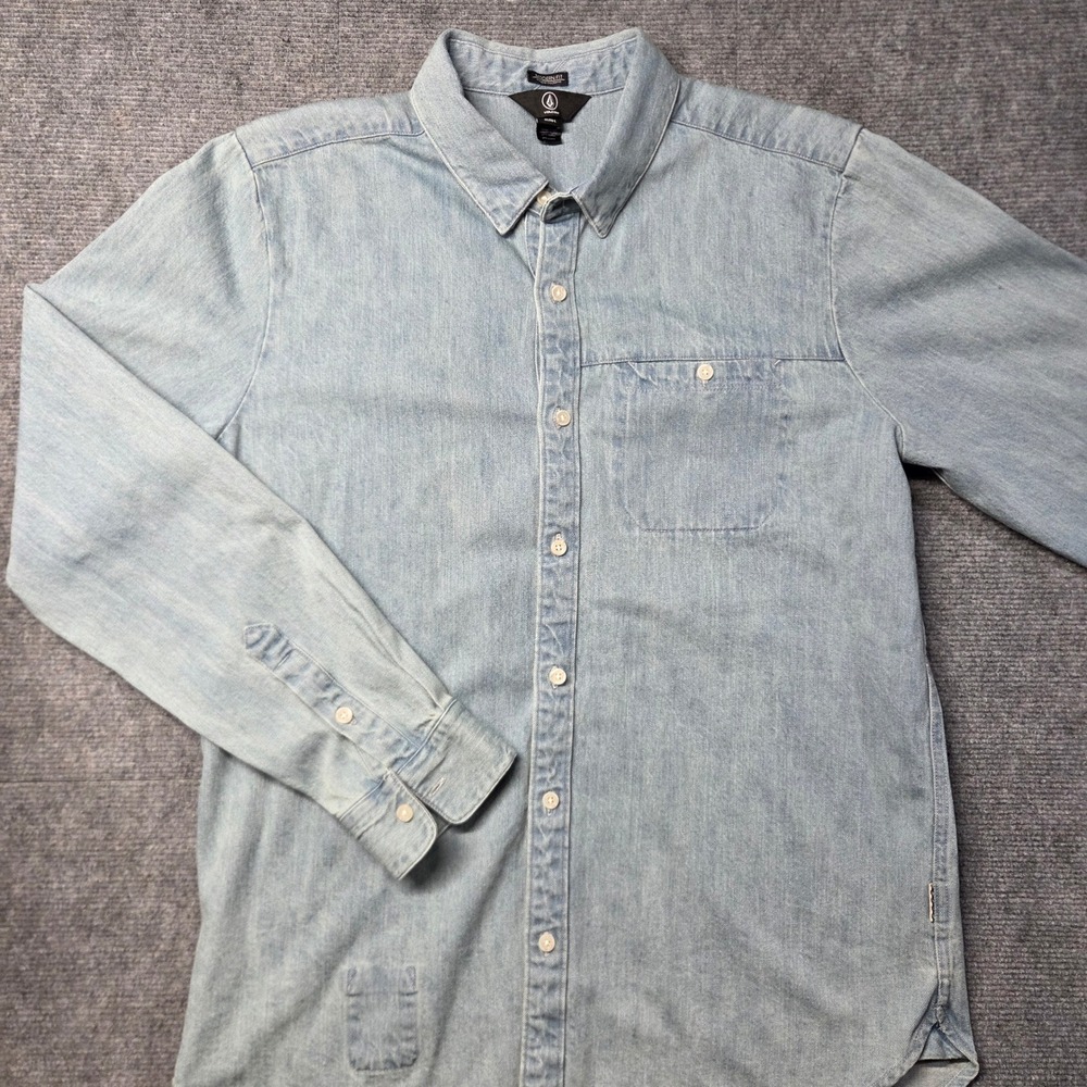 Volcom Mens Modern Fit Light Wash Denim Chambray Button Down Shirt Large